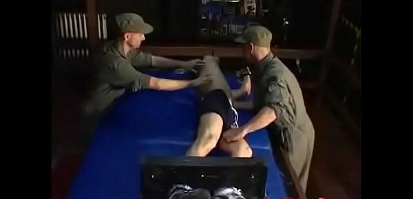  Restrained jock Slava tickled by foot fetish duo